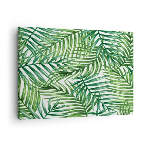 Quadro em tela - Folhas de palmeira tropical verde sobre fundo claro - 70x50cm - Sob as folhas verdes - Decoração de parede moderna para a sala de estar e quarto ARTTOR
