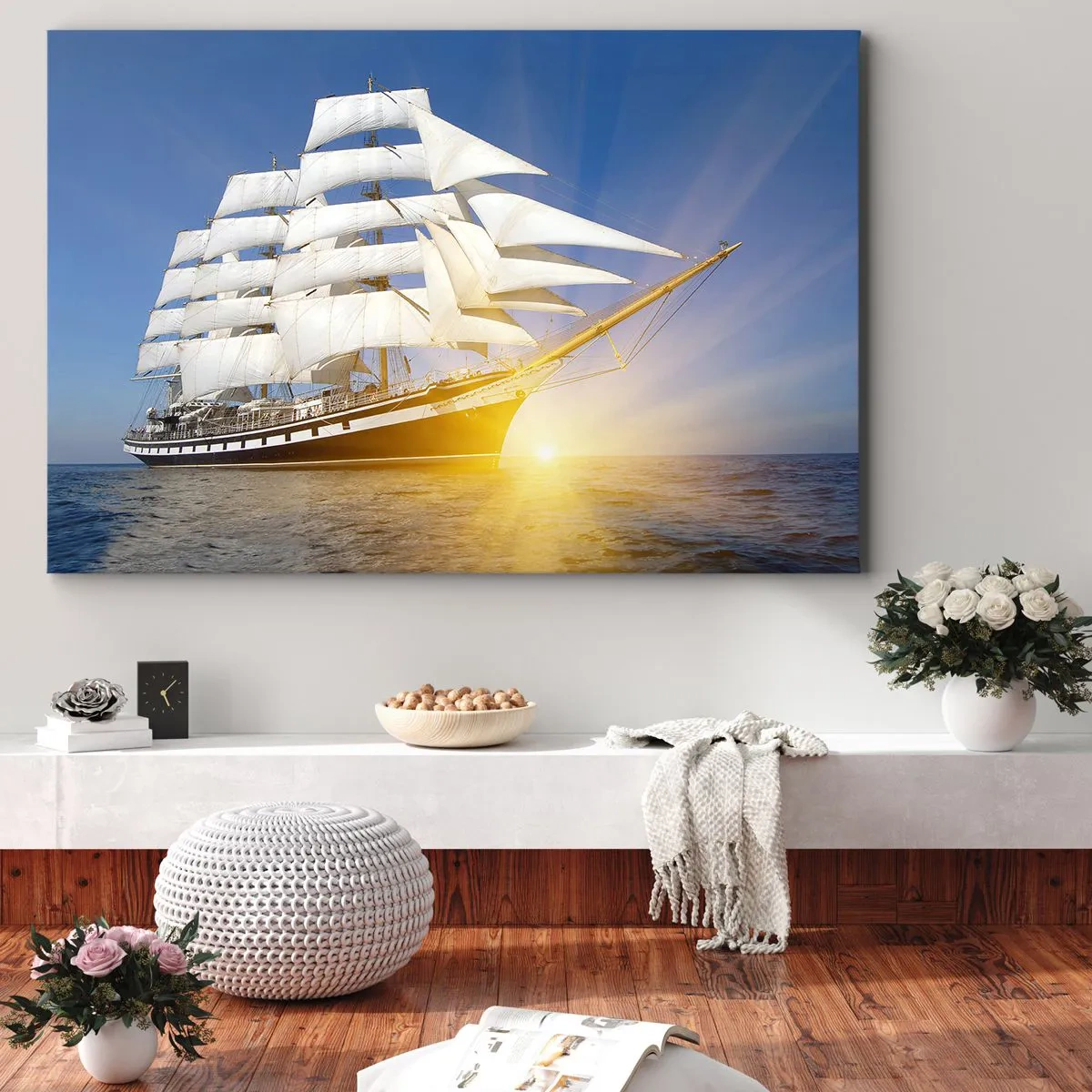 Quadro em tela - Um veleiro no mar à luz do pôr do sol - 70x50cm - O seu tempo nunca passará - Decoração de parede moderna para a sala de estar e quarto ARTTOR