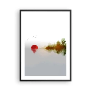 Pôster com moldura preta - Uma paisagem minimalista com um sol vermelho e um lago. - 50x70cm - Uma promessa de paz - Decoração de parede moderna para a sala de estar e quarto ARTTOR