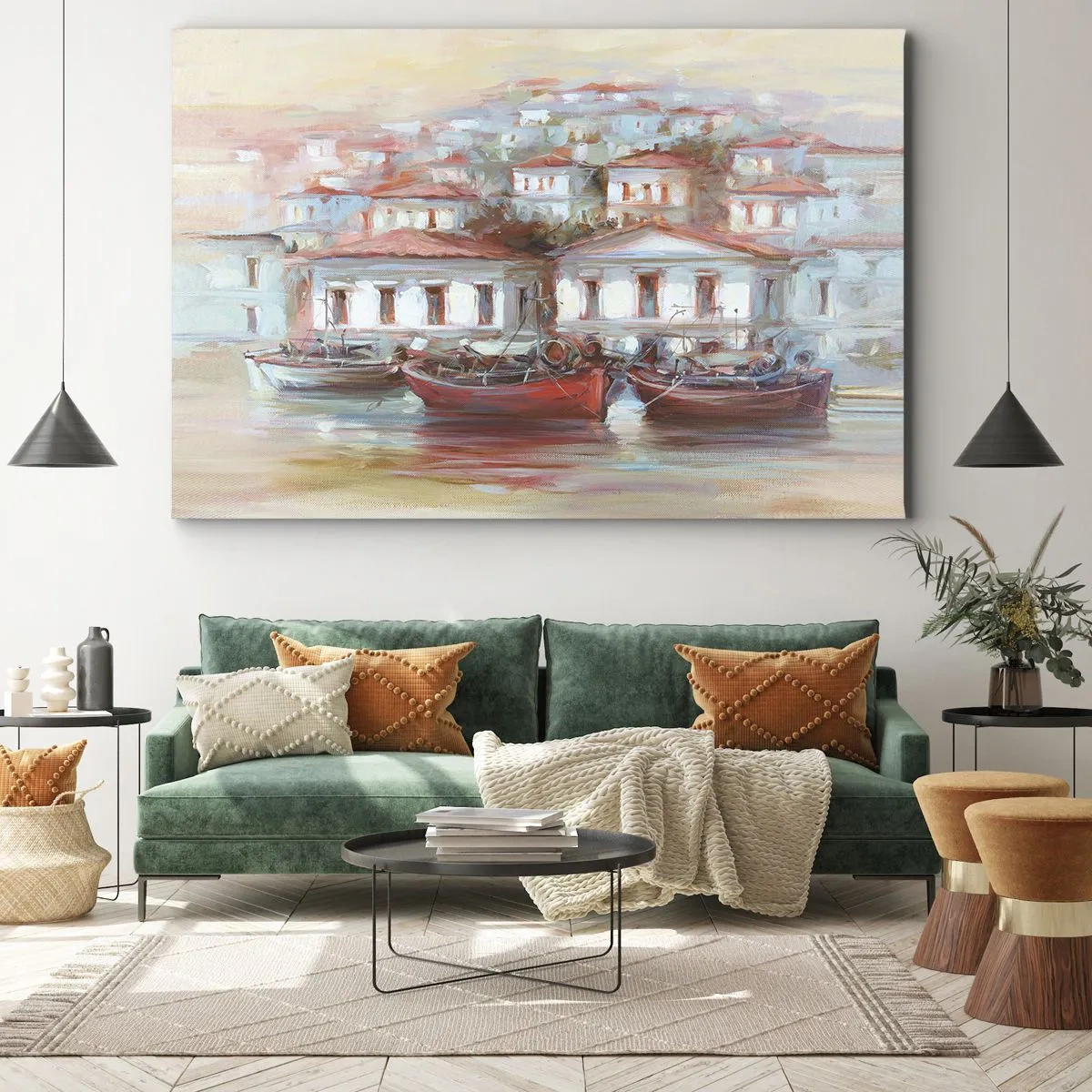 Quadro em tela - Barcos coloridos e edifícios pitorescos à beira da água em tons pastel - 70x50cm - Cidade feliz - Decoração de parede moderna para a sala de estar e quarto ARTTOR