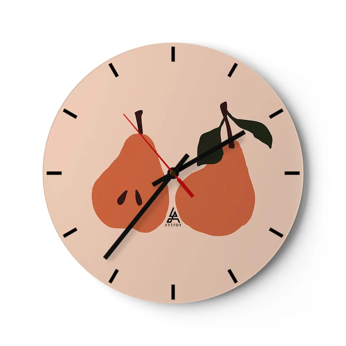 Relógio de parede - Relógio em vidro - Duas peras em cores quentes sobre fundo bege - 30x30cm - A própria doçura - Decoração de parede moderna para a sala de estar, cozinha e quarto ARTTOR
