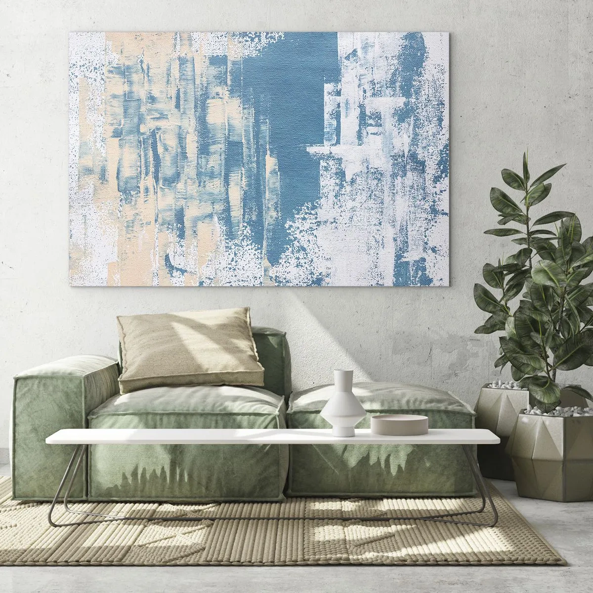 Quadro em vidro - Abstração em azul e bege com textura de pincel - 70x50cm - Através da estalactite de gelo - Decoração de parede moderna para a sala de estar e quarto ARTTOR