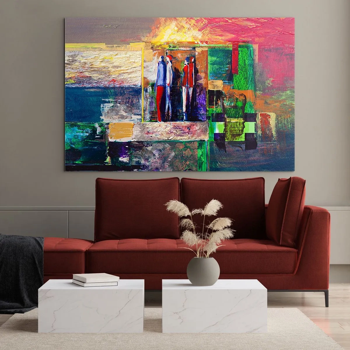 Quadro em vidro - Uma composição abstrata com figuras e cores intensas. - 70x50cm - Relacionamentos e emoções - Decoração de parede moderna para a sala de estar e quarto ARTTOR