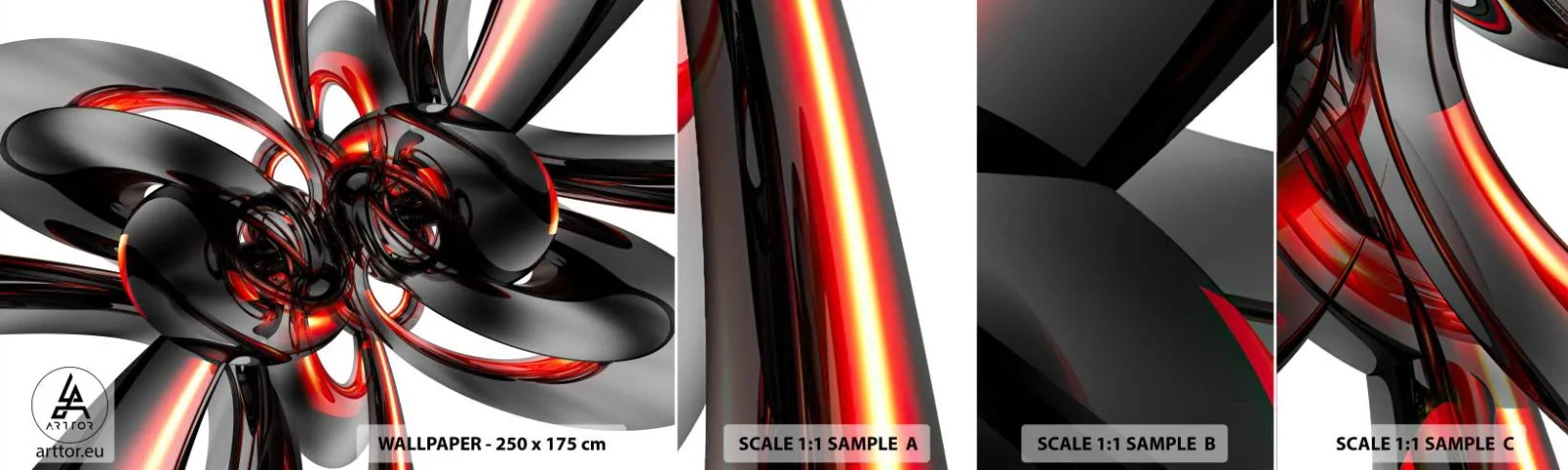 Amostra de Papel de Parede Standard Eco - Movimento em grafite e vermelho - Abstração, 3D, Pedaço - 100x30 cm