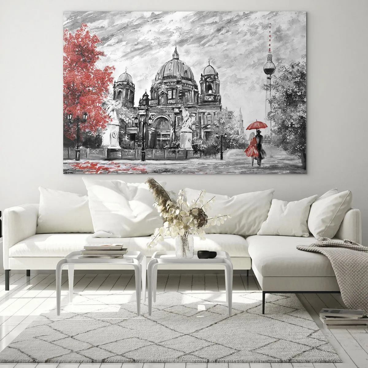 Quadro em vidro - Catedral de Berlim com detalhes em vermelho em tons monocromáticos - 70x50cm - Reunião em Berlim - Decoração de parede moderna para a sala de estar e quarto ARTTOR
