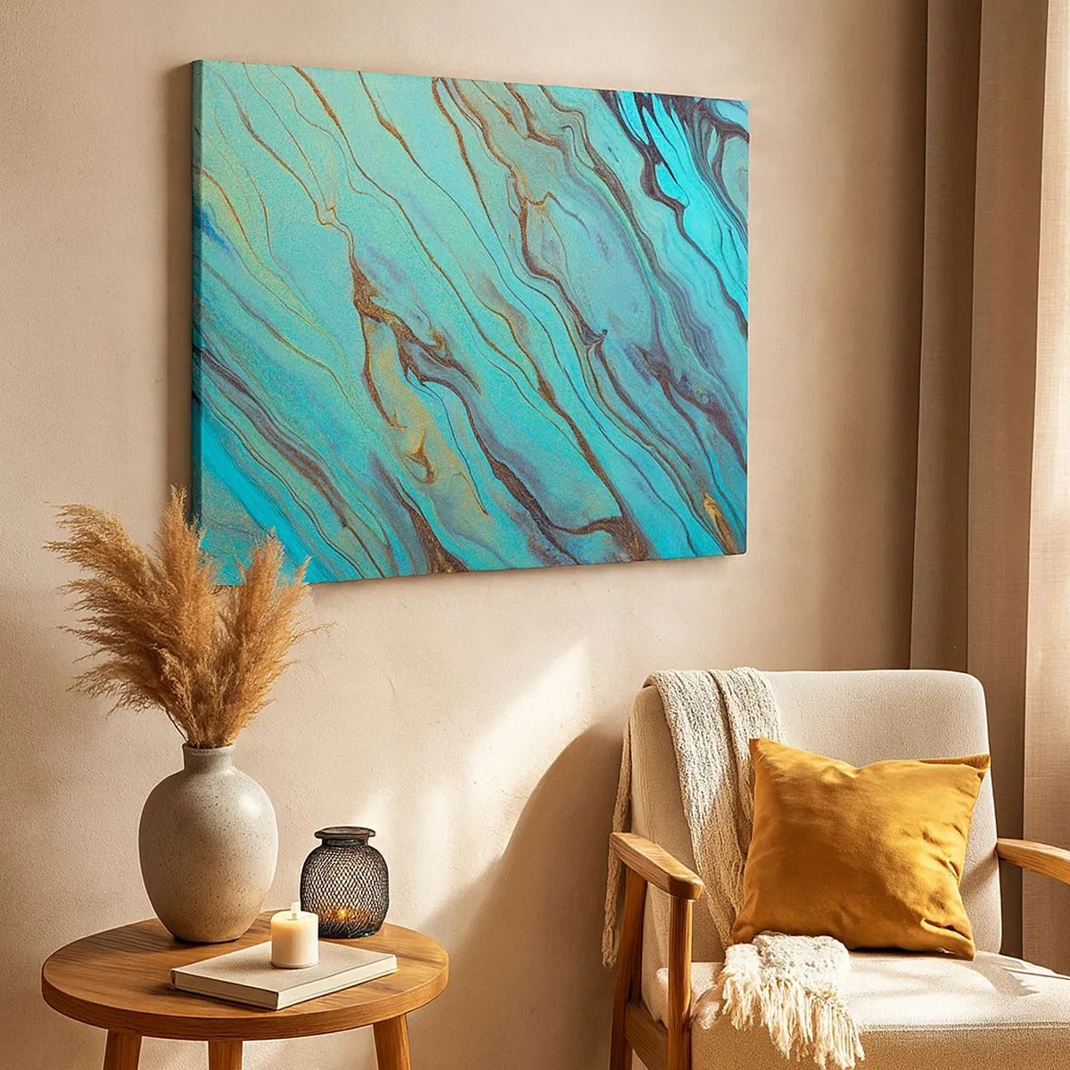 Quadro em tela - Ondas abstratas em tons de turquesa e dourado - 70x50cm - Maré Turquesa - Decoração de parede moderna para a sala de estar e quarto ARTTOR