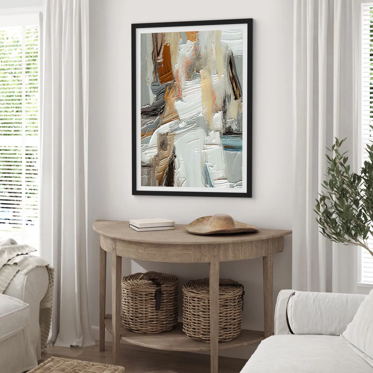 Pôster com moldura preta - Abstração textural em tons neutros - 50x70cm - Camadas coloridas - Decoração de parede moderna para a sala de estar e quarto ARTTOR