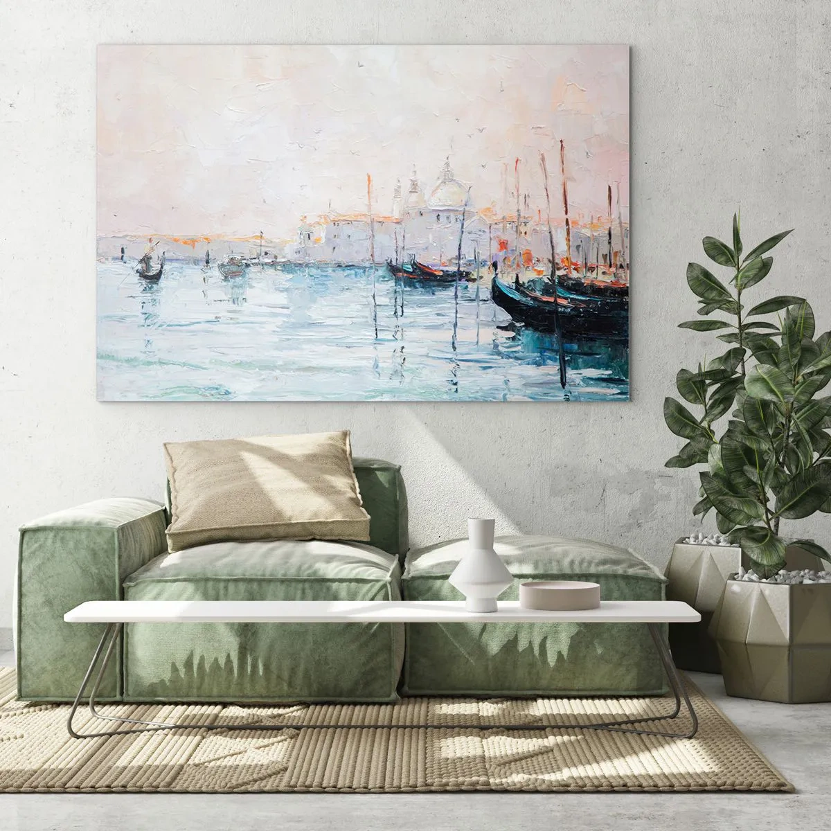 Quadro em vidro - Paisagem impressionista com barcos e edifícios - 70x50cm - Além da água, atrás do nevoeiro - Decoração de parede moderna para a sala de estar e quarto ARTTOR