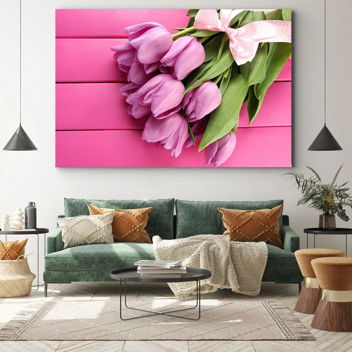 Quadro em tela - Um buquê de tulipas cor-de-rosa com um laço sobre um fundo rosa - 70x50cm - Só para si - Decoração de parede moderna para a sala de estar e quarto ARTTOR