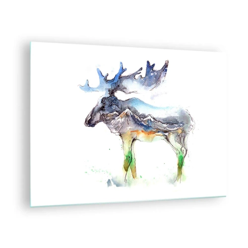 Quadro em vidro - Pintura em aquarela de um alce com um motivo de silhueta de montanha - 70x50cm - O herói do conto de inverno - Decoração de parede moderna para a sala de estar e quarto ARTTOR