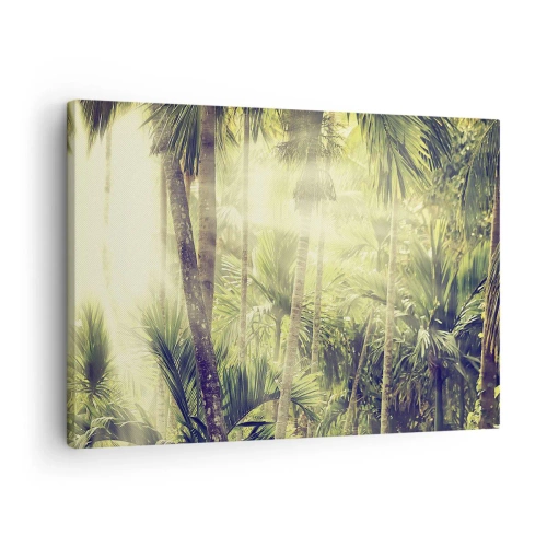 Quadro em tela - Raios de sol em uma floresta tropical de palmeiras - 70x50cm - No calor verde - Decoração de parede moderna para a sala de estar e quarto ARTTOR