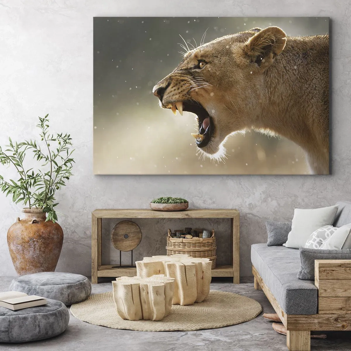 Quadro em tela - Retrato de uma leoa rugindo em luz natural - 70x50cm - Tente não ouvir - Decoração de parede moderna para a sala de estar e quarto ARTTOR