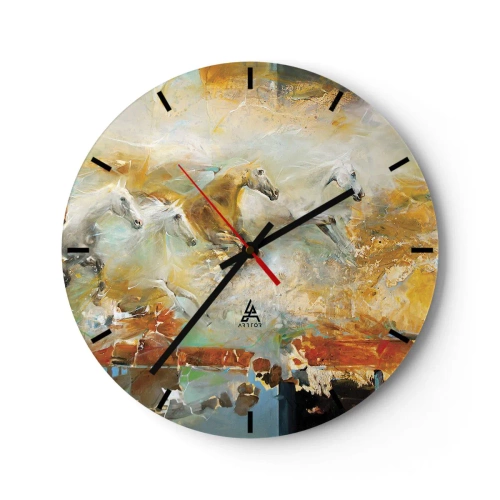 Relógio de parede - Relógio em vidro - Cavalos abstratos em movimento dinâmico - 30x30cm - A galope através da luz - Decoração de parede moderna para a sala de estar, cozinha e quarto ARTTOR