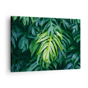 Quadro em tela - Folhas verdes em um arranjo tropical denso - 70x50cm - Mergulhar no frescor - Decoração de parede moderna para a sala de estar e quarto ARTTOR