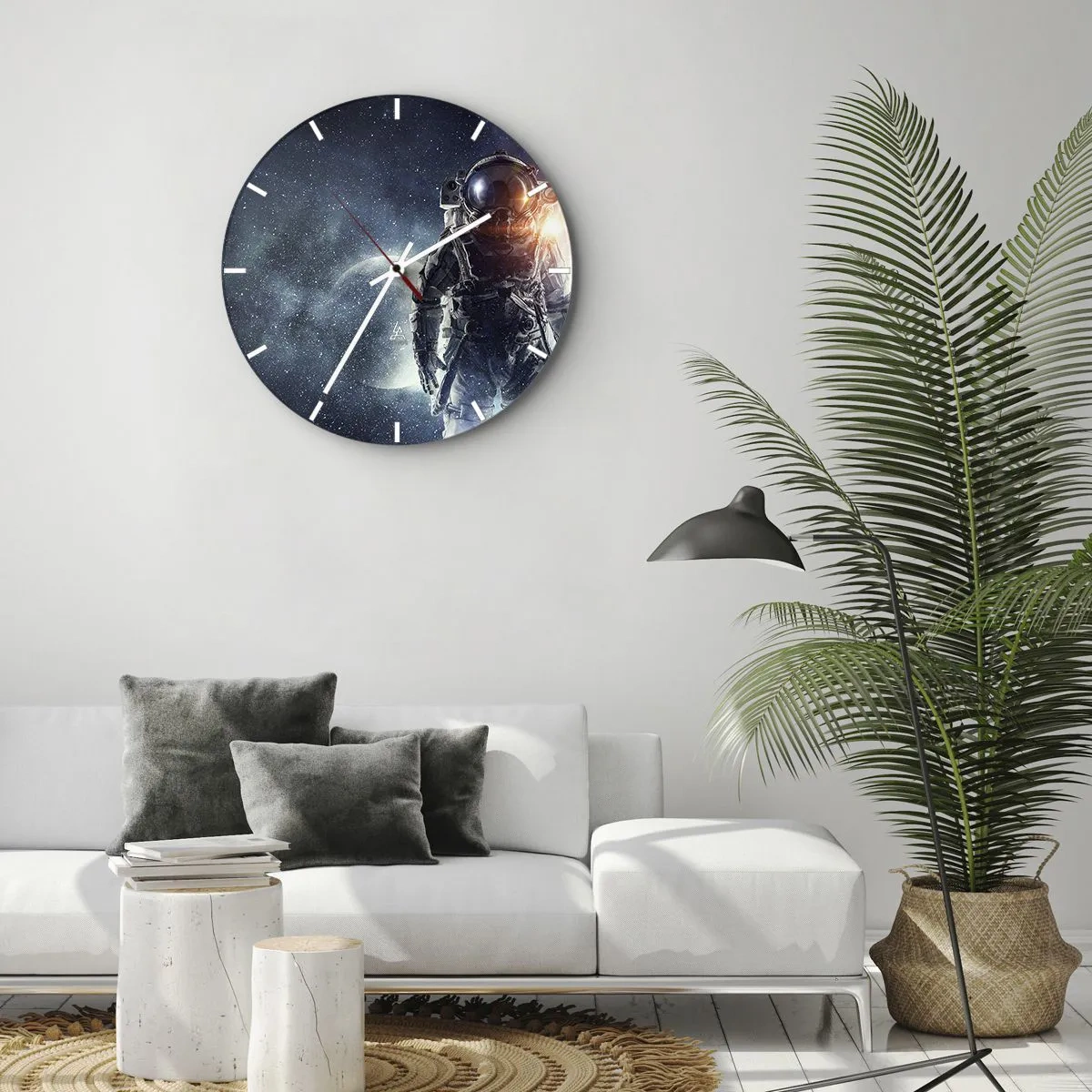 Relógio de parede - Relógio em vidro - Astronauta no espaço com um planeta e estrelas ao fundo - 30x30cm - Aventura espacial - Decoração de parede moderna para a sala de estar, cozinha e quarto ARTTOR