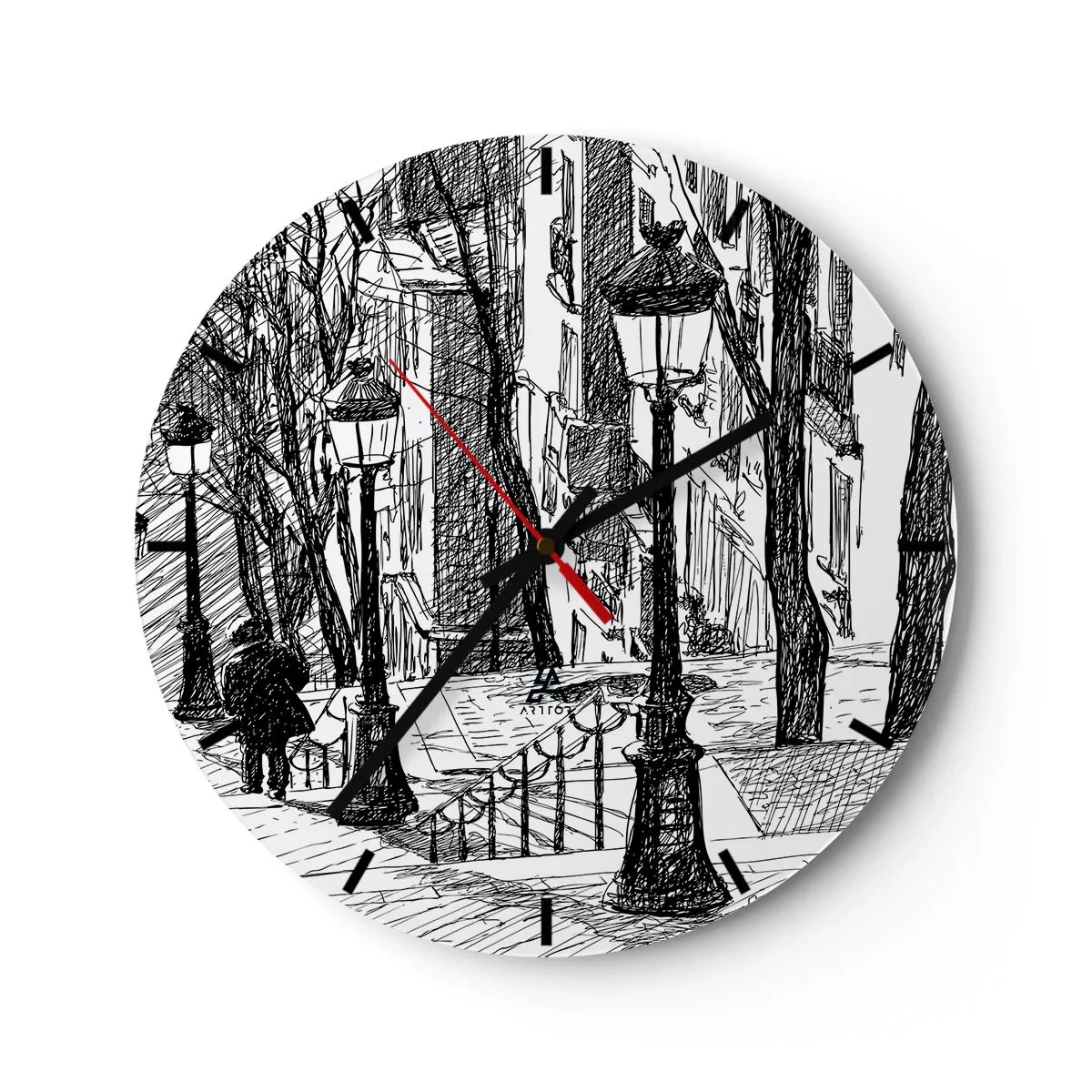 Relógio de parede - Relógio em vidro - Um desenho em preto e branco de uma rua com lanternas e uma figura caminhando. - 30x30cm - Uma história de amor ou uma história de terror? - Decoração de parede moderna para a sala de estar, cozinha e quarto ARTTOR