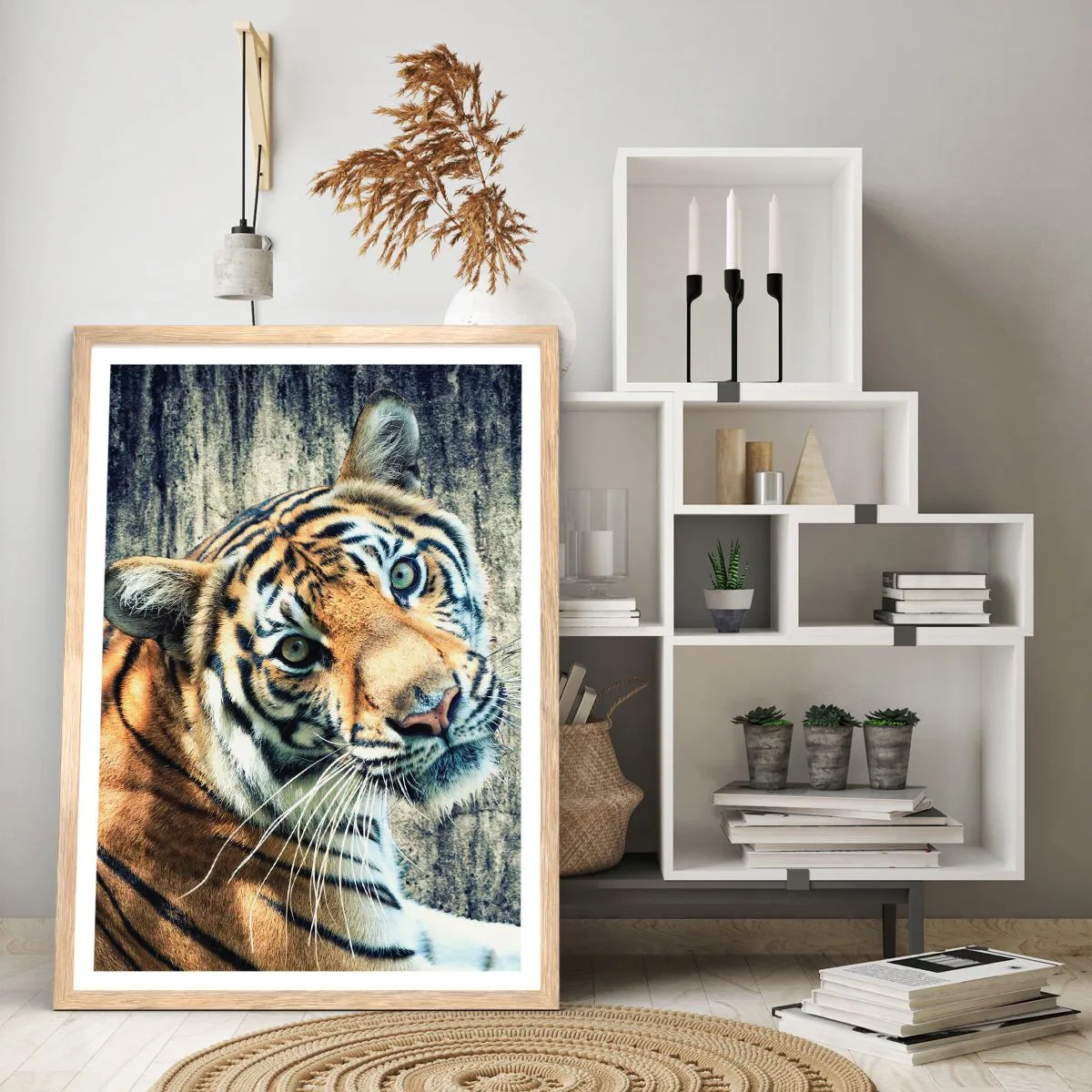 Pôster com moldura de carvalho claro - Retrato em feixes de luz - 70x100 cm