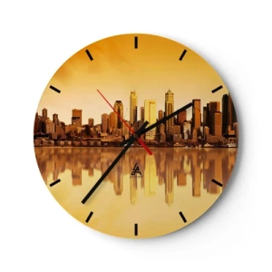 Relógio de parede - Relógio em vidro - Panorama da cidade refletido na água ao pôr do sol - 30x30cm - Silêncio da metrópole - Decoração de parede moderna para a sala de estar, cozinha e quarto ARTTOR