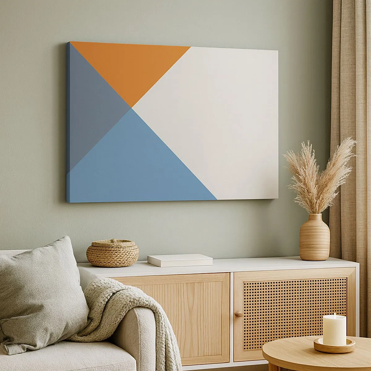 Quadro em tela - Triângulos geométricos em tons de azul e laranja - 70x50cm - Em termos de... - Decoração de parede moderna para a sala de estar e quarto ARTTOR