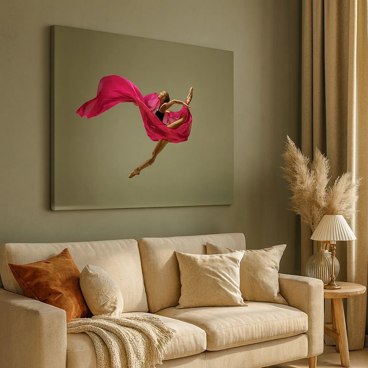Quadro em tela - Bailarina em pose dinâmica com tecido rosa - 70x50cm - Chama dançante - Decoração de parede moderna para a sala de estar e quarto ARTTOR