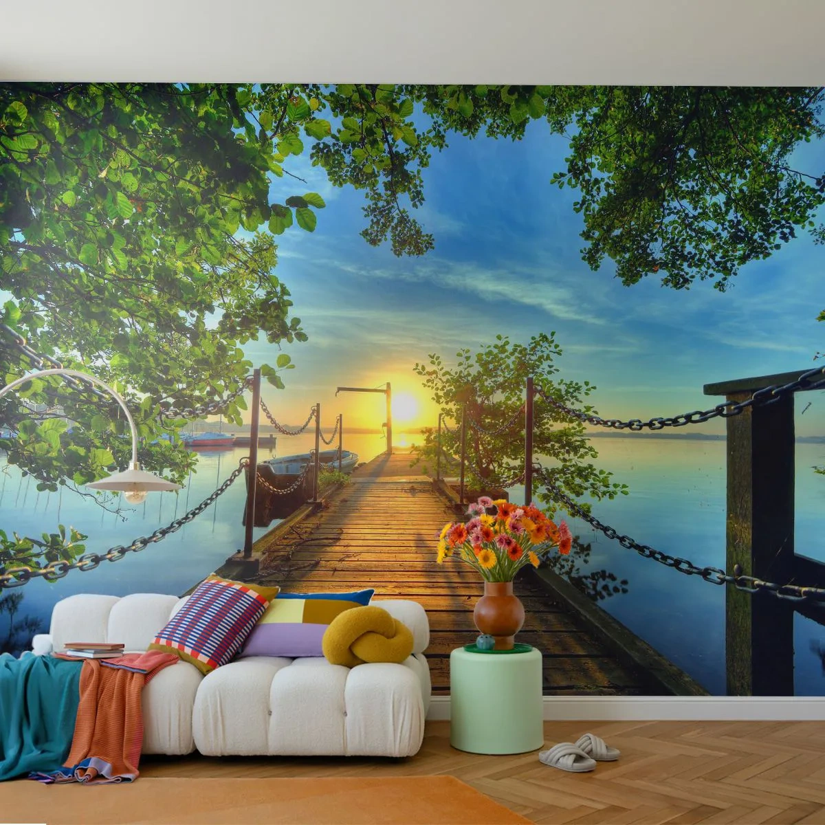 Papel de Parede Autocolante Deluxe Sticker - Oeste sobre a água - Paisagem, Lago, Barco a vela - 250x175 cm