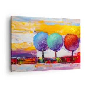 Quadro em tela - Três árvores coloridas em um fundo abstrato - 70x50cm - Pódio da natureza - Decoração de parede moderna para a sala de estar e quarto ARTTOR