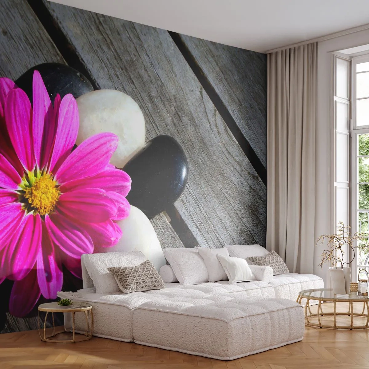 Papel de Parede Premium Sand - Descanso no cais - Flor, Pedras, Ponte de madeira - 400x280 cm