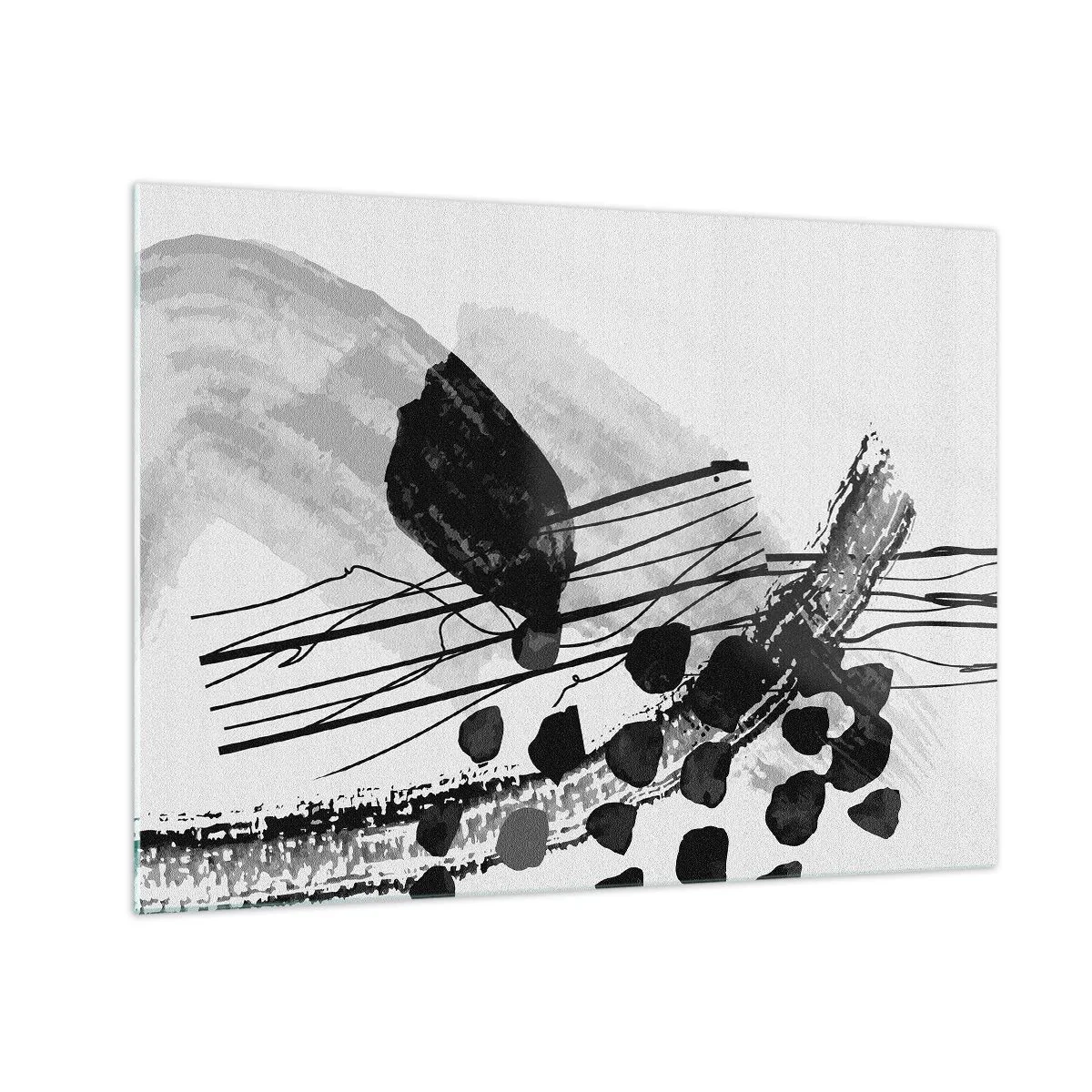 Quadro em vidro - Abstração em preto e branco com formas e linhas orgânicas - 70x50cm - Abstração orgánica em preto e branco - Decoração de parede moderna para a sala de estar e quarto ARTTOR