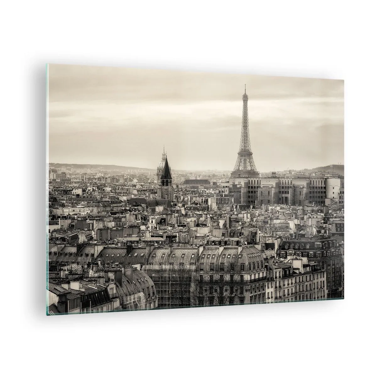 Quadro em vidro - Um panorama de Paris com vista para a Torre Eiffel em tons sépia - 70x50cm - Sobre os telhados de Paris - Decoração de parede moderna para a sala de estar e quarto ARTTOR