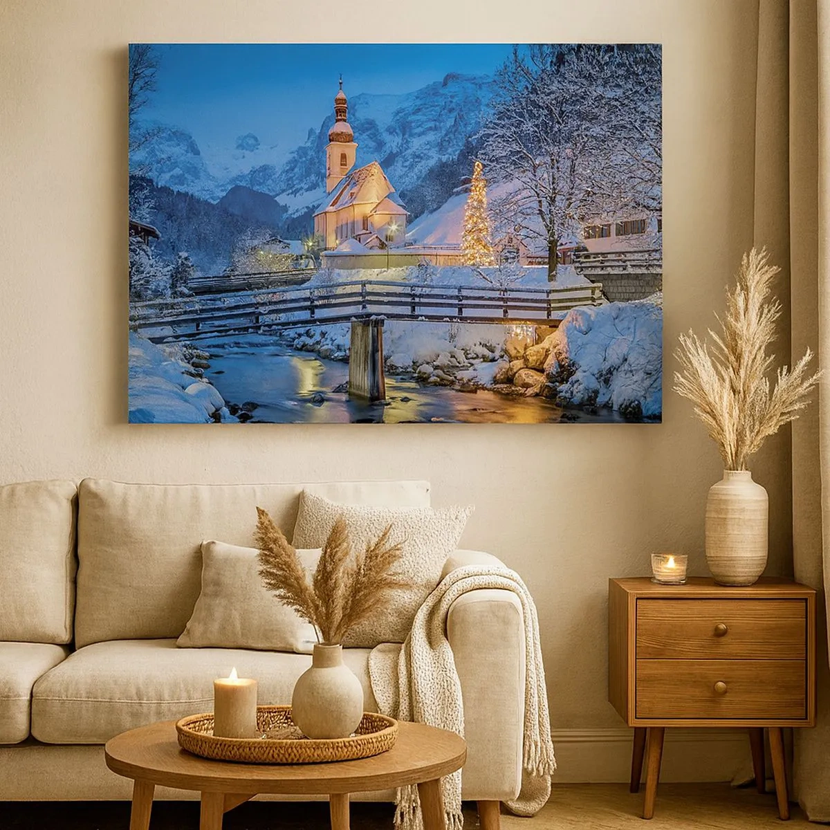 Quadro em tela - Paisagem de inverno com igreja, ponte e montanhas ao entardecer - 70x50cm - O Espírito do Natal - Decoração de parede moderna para a sala de estar e quarto ARTTOR