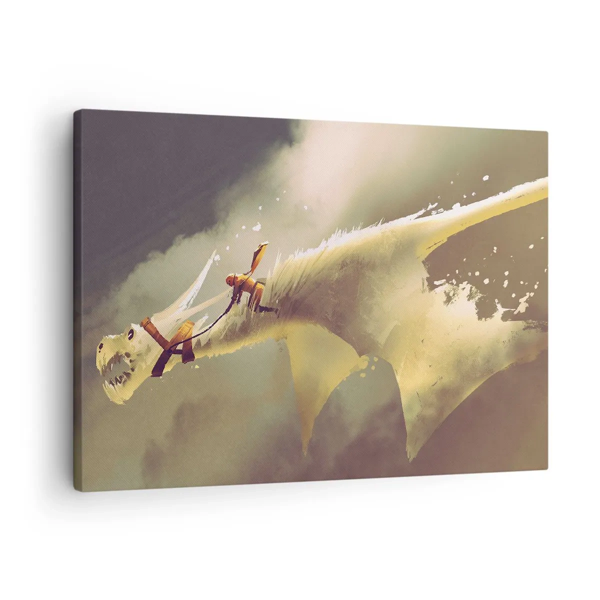Quadro em tela - Ilustração de um cavaleiro de dragão em uma paisagem de nuvens fantástica - 70x50cm - A resgatar o mundo - Decoração de parede moderna para a sala de estar e quarto ARTTOR