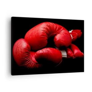 Quadro em tela - Luvas de boxe vermelhas em um fundo preto - 70x50cm - As emoções da luta ficaram para trás - Decoração de parede moderna para a sala de estar e quarto ARTTOR