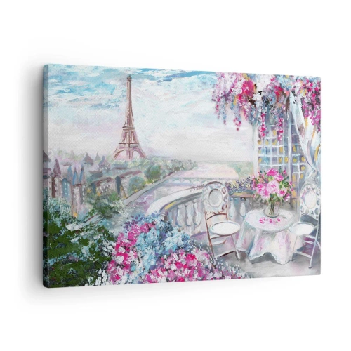 Quadro em tela - Uma vista romântica de Paris com a Torre Eiffel e uma varanda cheia de flores - 70x50cm - É mais bonito aqui em maio - Decoração de parede moderna para a sala de estar e quarto ARTTOR
