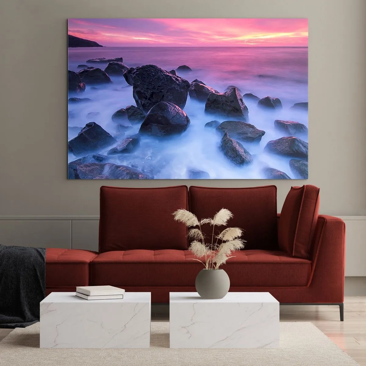 Quadro em vidro - Ondas quebrando nas rochas ao pôr do sol - 70x50cm - Nascimento em brilho e nevoeiro - Decoração de parede moderna para a sala de estar e quarto ARTTOR