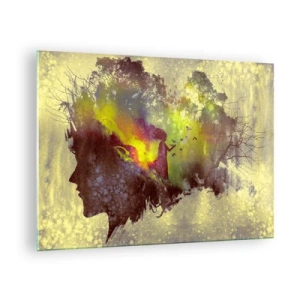 Quadro em vidro - Perfil de rosto feminino repleto de natureza e efeitos coloridos. - 70x50cm - Mãe Natureza - Decoração de parede moderna para a sala de estar e quarto ARTTOR