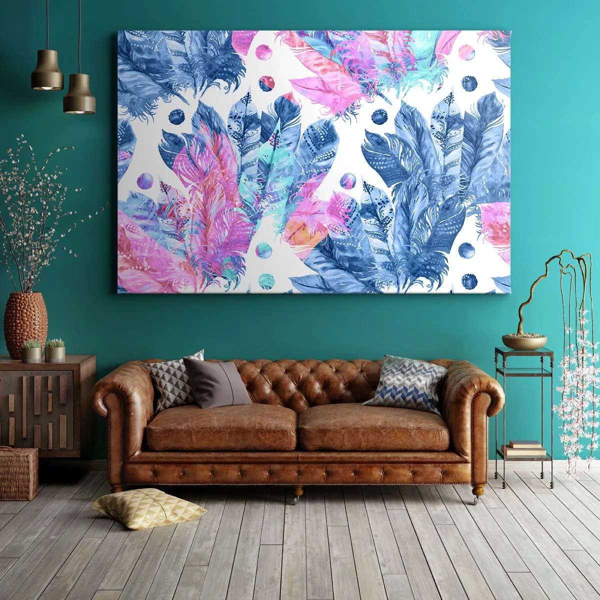Quadro em tela - Padrão abstrato com penas coloridas em tons pastel - 70x50cm - Plumas em rosa e azul - Decoração de parede moderna para a sala de estar e quarto ARTTOR