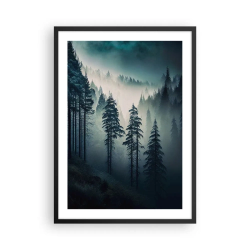 Pôster com moldura preta - Uma floresta escura envolta em neblina - 50x70cm - Manhã de montanha - Decoração de parede moderna para a sala de estar e quarto ARTTOR
