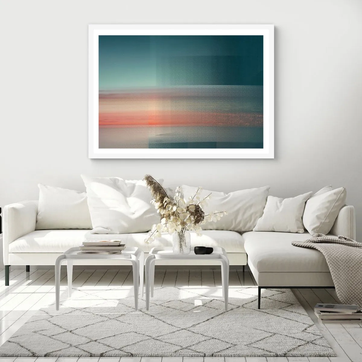 Pôster em moldura branca - Resumo: ondas de luz - 100x70 cm