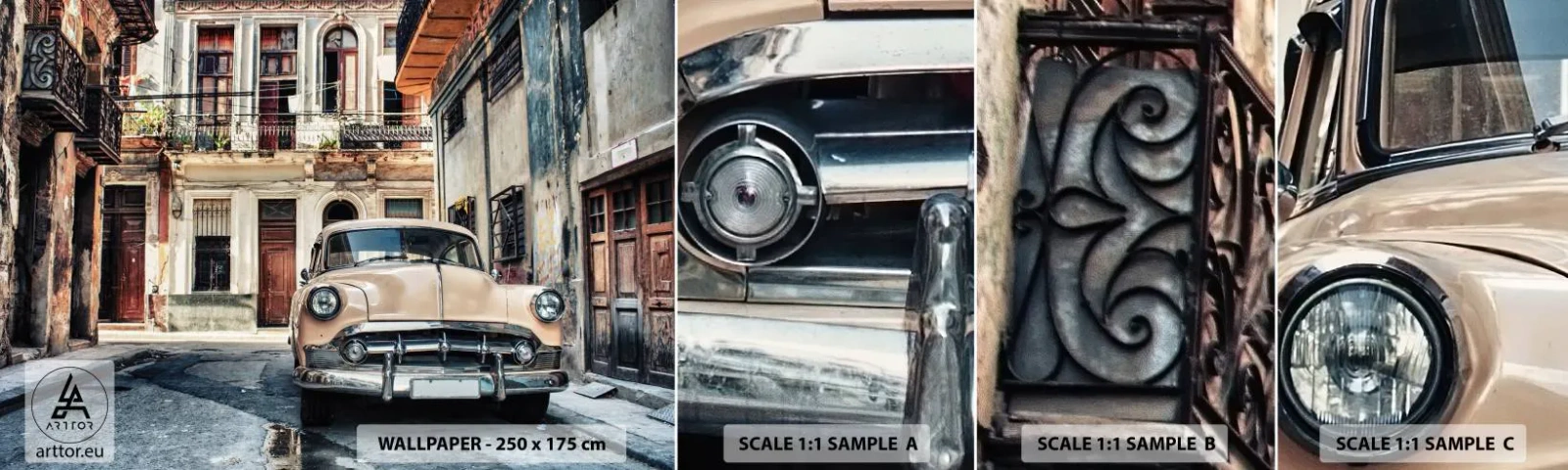 Amostra de papel de parede autocolante Deluxe Sticker - Siesta em Havana - Carro antigo, Arquitetura, Cidade - 100x30 cm