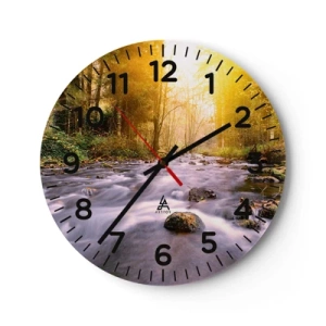 Relógio de parede - Relógio em vidro - Malaquita em um cenário de ouro e prata - 30x30 cm