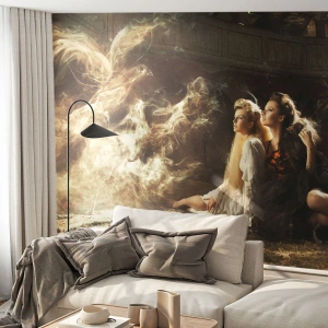 Papel de Parede Standard Eco - Duas mulheres e uma fênix de fumaça em um cenário misterioso - 100x70cm - E a poesia nasceu - Decoração de parede moderna para a sala de estar e quarto ARTTOR