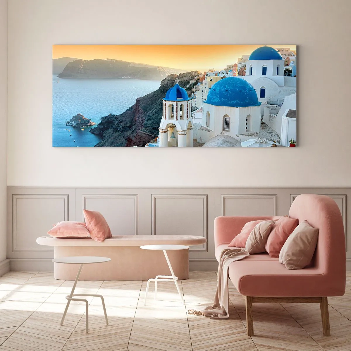 Quadro em vidro - Santorini - abraçada às rochas - 120x50 cm