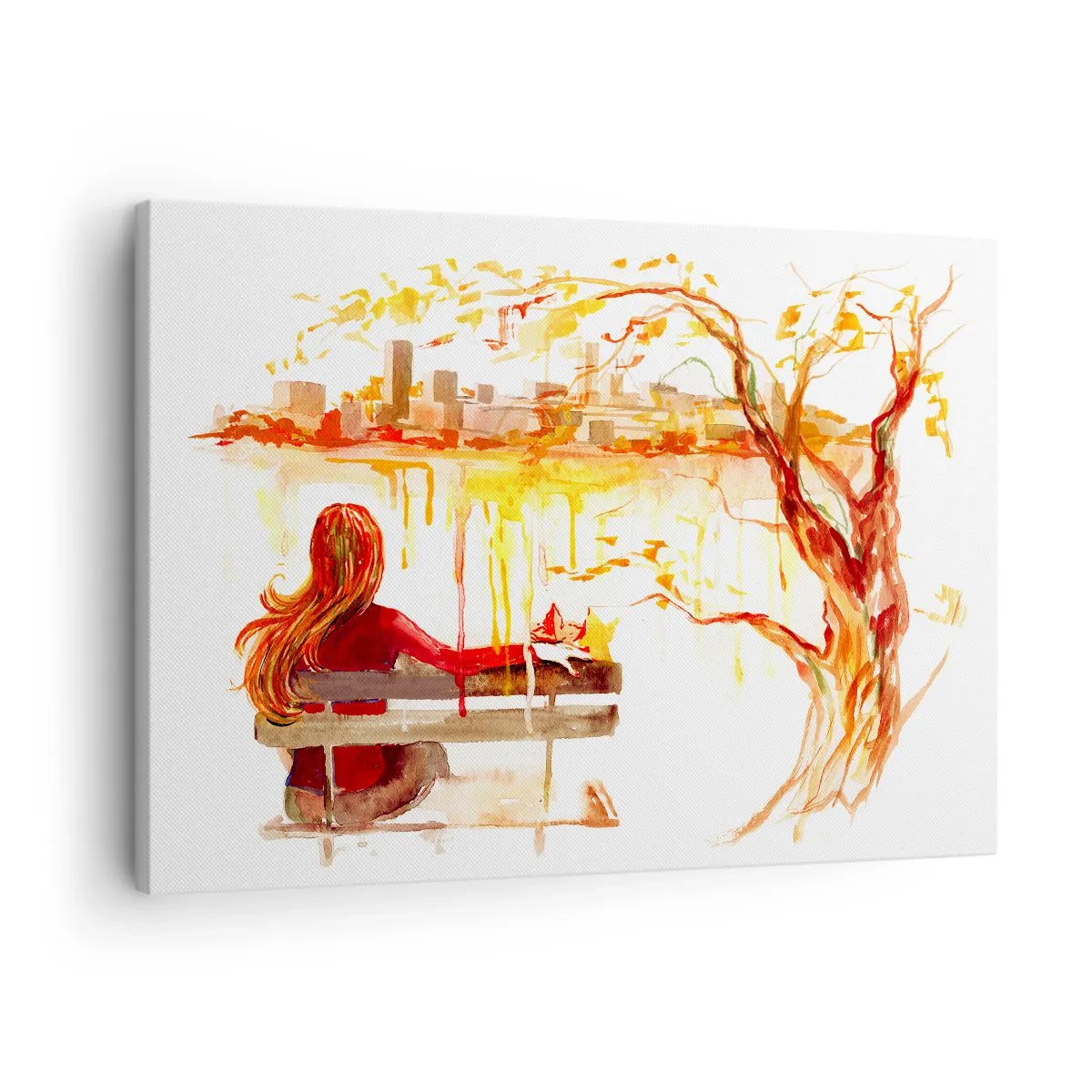 Quadro em tela - Cena em aquarela de uma mulher em um banco com vista para a cidade - 70x50cm - Um momento de reflexão - Decoração de parede moderna para a sala de estar e quarto ARTTOR