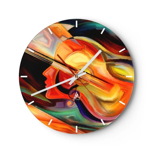 Relógio de parede - Relógio em vidro - Uma pintura abstrata de um violão e um rosto em cores quentes. - 30x30cm - Está tudo bem - Decoração de parede moderna para a sala de estar, cozinha e quarto ARTTOR