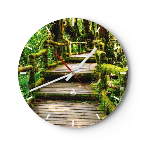 Relógio de parede - Relógio em vidro - Um caminho de madeira em uma floresta tropical coberta de musgo - 30x30cm - Corredor de vegetação - Decoração de parede moderna para a sala de estar, cozinha e quarto ARTTOR