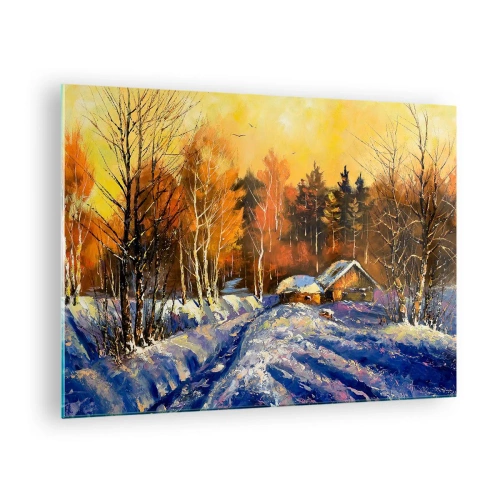 Quadro em vidro - Paisagem de inverno com uma casa de madeira ao pôr do sol - 70x50cm - Impressão de inverno ao sol - Decoração de parede moderna para a sala de estar e quarto ARTTOR