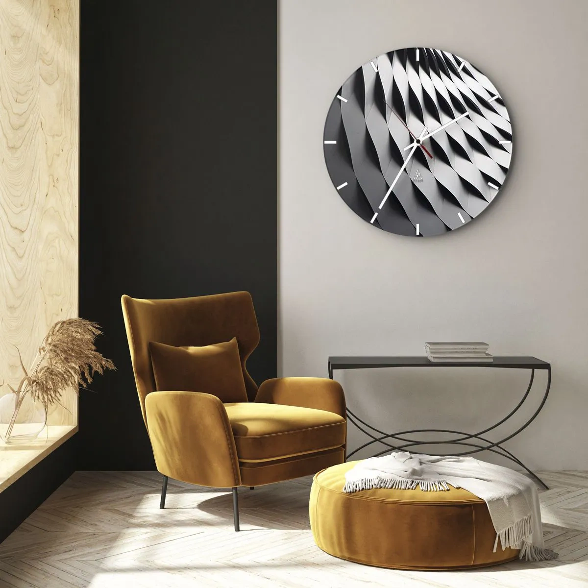 Relógio de parede - Relógio em vidro - Padrão de estrutura arquitetônica ondulada em preto e branco - 30x30cm - Na superfície das ondas - Decoração de parede moderna para a sala de estar, cozinha e quarto ARTTOR