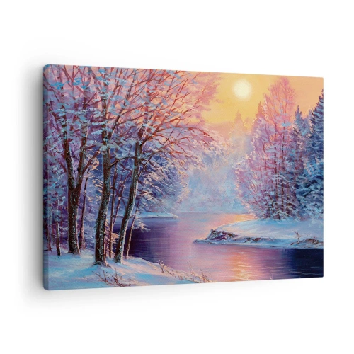 Quadro em tela - Paisagem de inverno com rio e árvores ao nascer do sol - 70x50cm - Cores do inverno - Decoração de parede moderna para a sala de estar e quarto ARTTOR