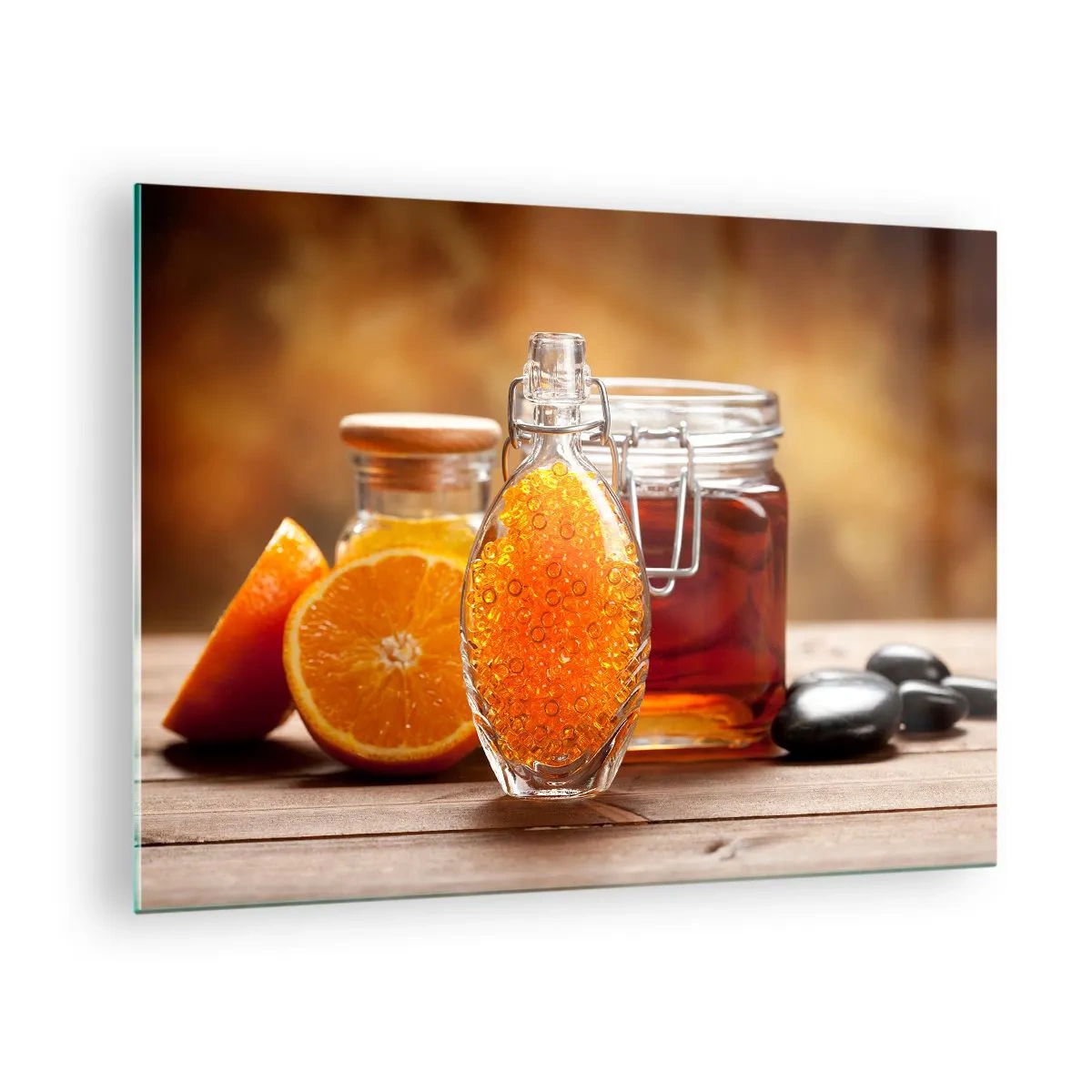 Quadro em vidro - Uma garrafa de óleo e uma laranja sobre uma mesa de madeira - 70x50cm - Sabores e aromas ensolarados - Decoração de parede moderna para a sala de estar e quarto ARTTOR