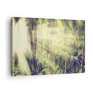 Quadro em tela - Raios de sol em uma floresta tropical de palmeiras - 70x50cm - No calor verde - Decoração de parede moderna para a sala de estar e quarto ARTTOR